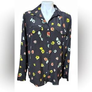 The Kooples Women's 100% Silk Polka Dot Black Floral Long Sleeve Shirt Size M
